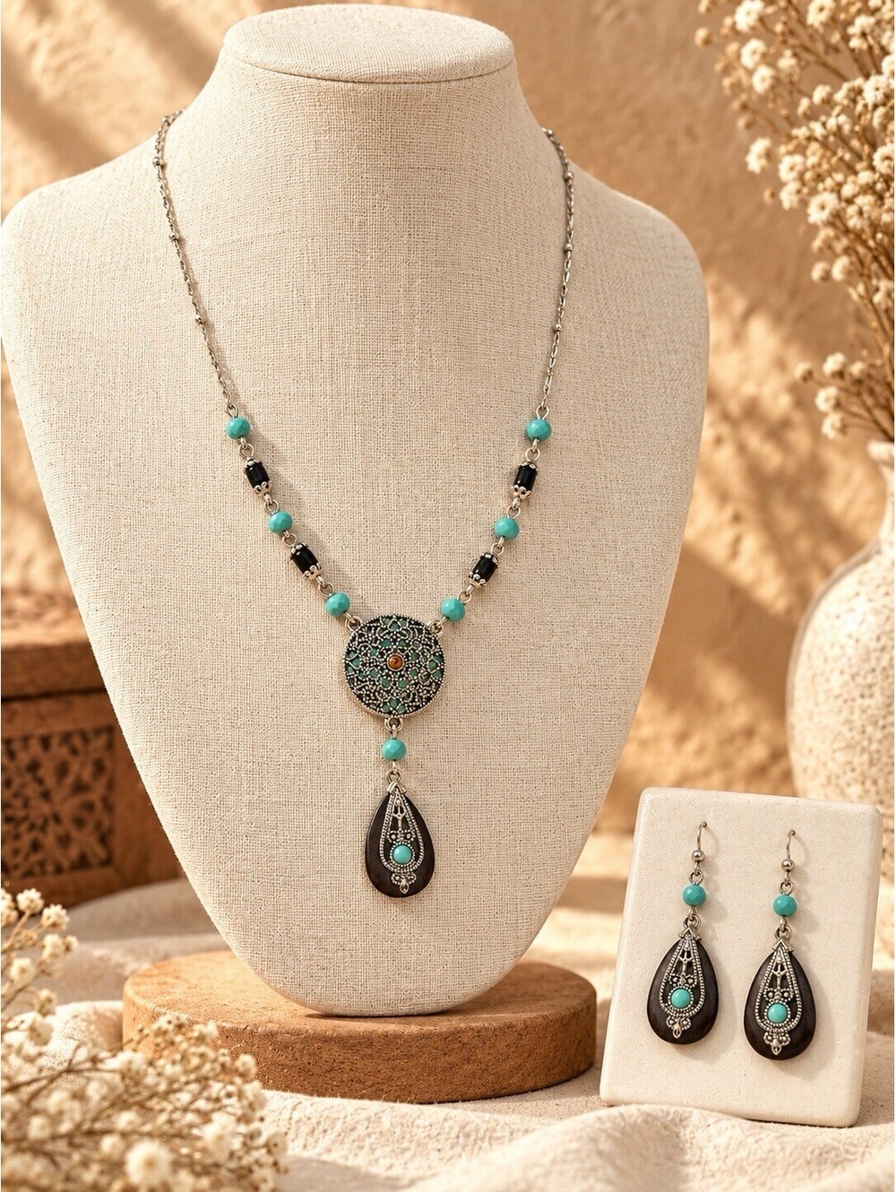 Silver Tone Necklace & Earrings Set Turquoise Color Beads Teardrop Pendants